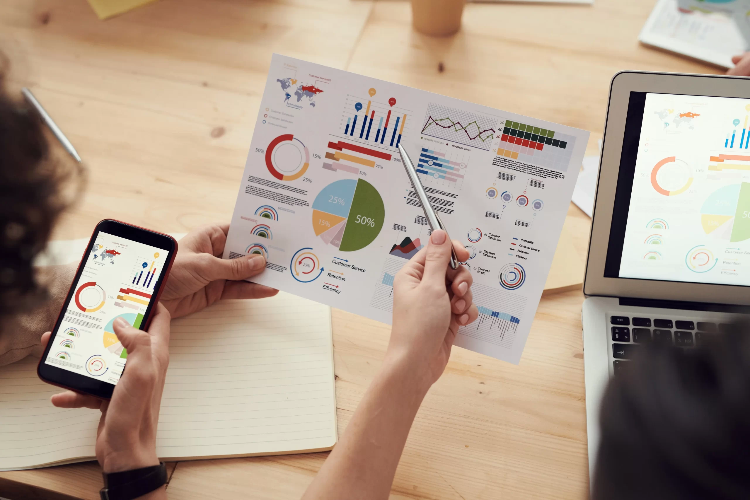 A financial planning session with two people looking at graphs and market research